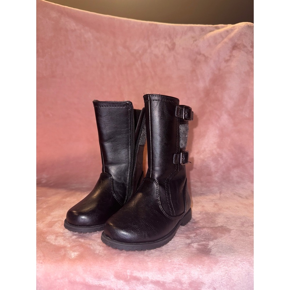 Kids Black‎ Faux Leather Buckle Boots Mid Calf Winter Warm size 5c